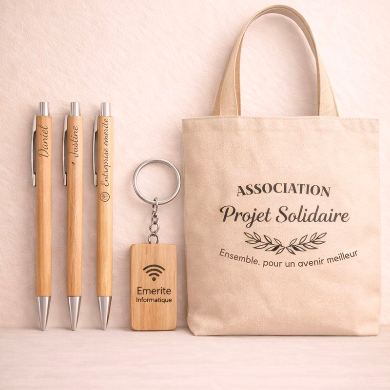Sélection d'objets personnalisable pour les association et les entreprises (totebag, stylo, porte-clé)